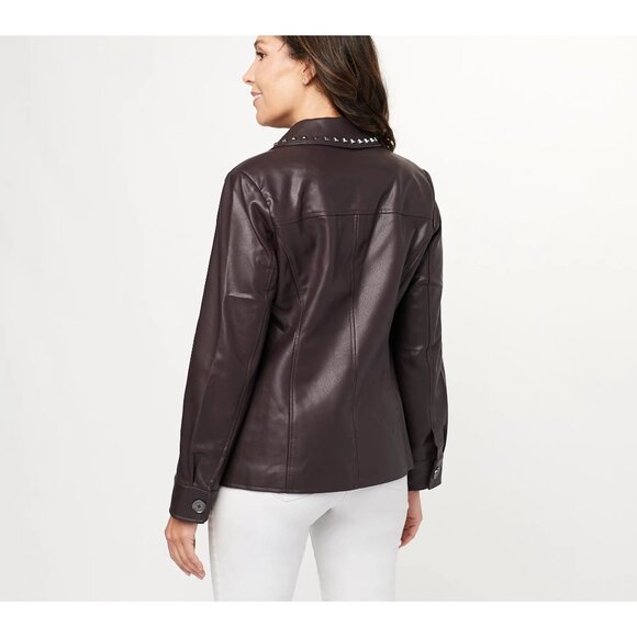 NWOT Dennis Basso Women's Dark Mahogany Faux Leather Studded Jacket Sz XXS 2207 - Picture 14 of 15